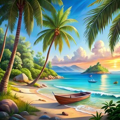 tropical beach with a boat and palm trees