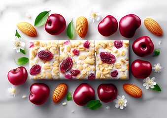 Healthy snack bar surrounded by cherries, almonds, and flowers