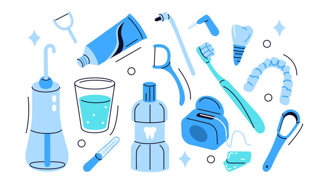 Oral irrigator, toothbrush, mouthwash, interdental brush, retainer, floss and other dentistry items set. Dental care, health, hygiene concept. Vector illustration.
