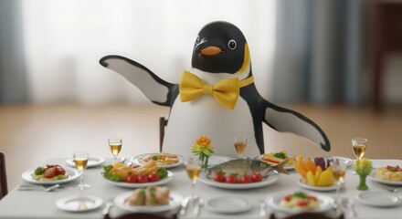 Fototapeta premium Penguin enjoying gourmet meal at elegant dining table