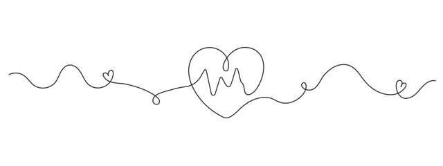 Continuous one line drawing of a heart with heartbeat pulse. Minimalist cardiogram icon in linear style. Vector illustration for medical, health, or love concepts.