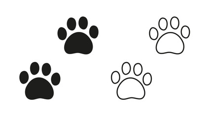 Pet paw prints vector set. Black silhouette of dog or cat footprints. Cute animal track icons for design, logo, print, or decoration. Isolated on white background.