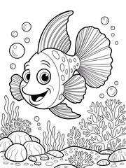 Fototapeta premium Happy Cartoon Fish in the Sea Coloring Page
