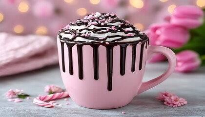 Pink mug with chocolate drizzled coffee drink