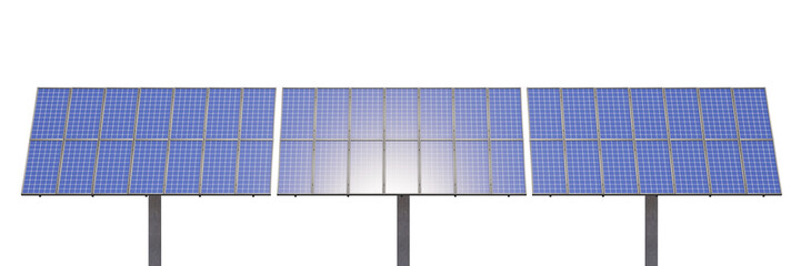 Industrial sun panels with glares sun, isolated on a transparent background. 3D illustration.