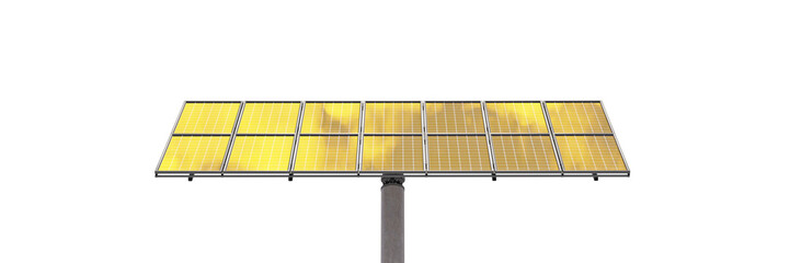 Bottom view of large solar panel installed on a concrete pillar. Sun panel reflecting the vibrant sunset sky and clouds. Isolated on a transparent background. 3D illustration.