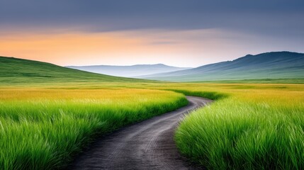 Fototapeta premium Majestic mountain vista, scenic dirt road through a serene field explore