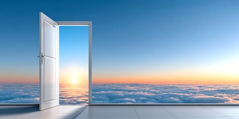 Open door to a sunrise over clouds