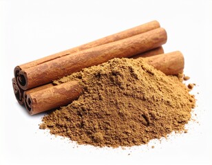 Cinnamon sticks and ground cinnamon powder pile, aromatic spice isolated on transparent background.
