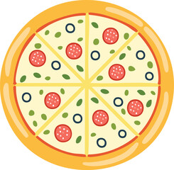 Overhead view of a pizza with pepperoni, olives, and herbs.