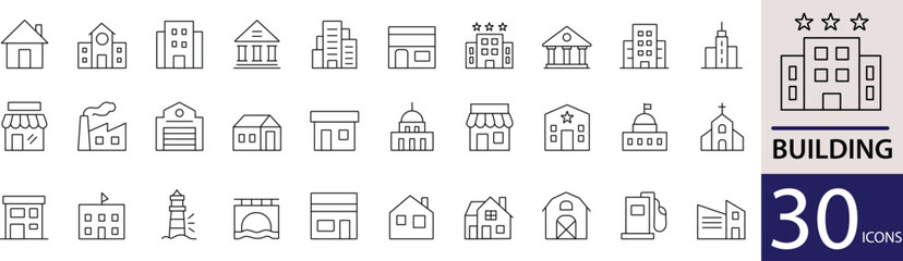  Minimal Building Line Icon Set 30 Clean Outline Designs for Architecture, Cityscape, and Real Estate © mstlily