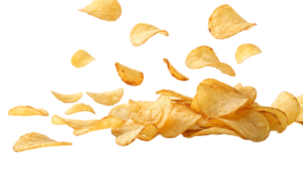 Falling kettle potato chips isolated on a white background PNG. AI GENERATED.