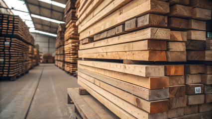 Neatly Stacked Lumber in a Warehouse A Close-Up View of Timber