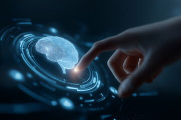 Hand interacting with digital brain interface on a futuristic display with glowing elements