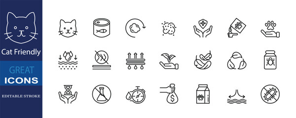 Cat friendly icon set in editable stroke style, featuring pet care, food, safety, allergy-free, and eco packaging for cats and owners.