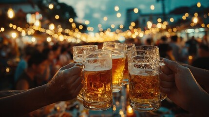 Cheers! Beer Mugs Clinking at a Lively Outdoor Night Market Celebration