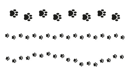 Paw print trail border separator silhouette. Vector clipart of animal tracks in a row. Perfect for pet-themed designs, invitations, greeting cards, or website dividers.