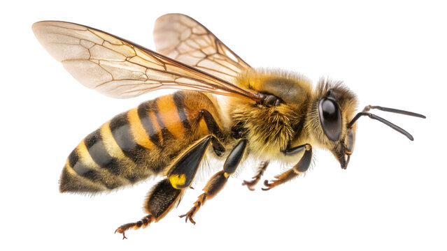 Close up honey bee flying insect macro photography detailed wings nature pollinator apis mellifera isolated on transparent white background png