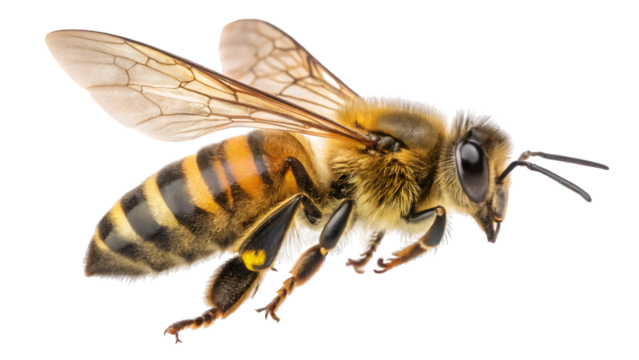 Close up honey bee flying insect macro photography detailed wings nature pollinator apis mellifera isolated on transparent white background png