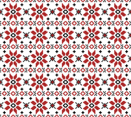Traditional Ukrainian embroidery pattern with red geometric flowers and crosses. Seamless pixel vector ornament isolated on white background. Folk embroidery and ethnic textile concept.
