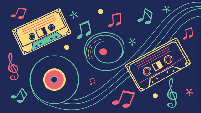 Nostalgic music themed backdrop features cassettes, records and notes