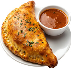 Golden-Brown Calzone with Marinara Sauce on a White Plate, Garnished with Fresh Herbs on transparent background