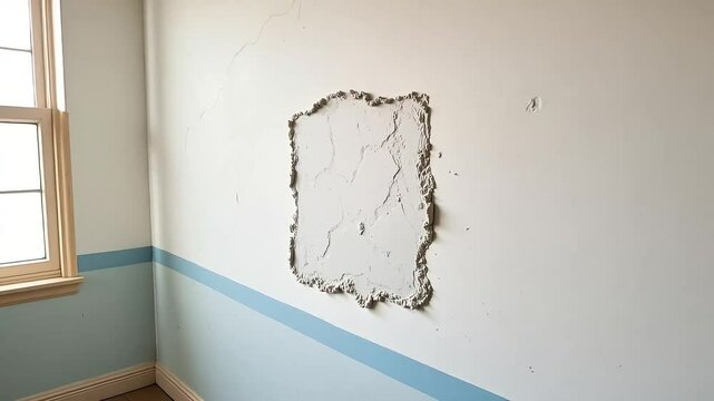 Wall repair shows texture, rough edge details, and patchy plaster creating a compelling construction study.