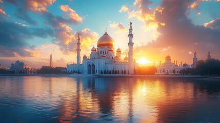 Beautiful mosque reflected on water at sunset with golden domes and peaceful skies photo