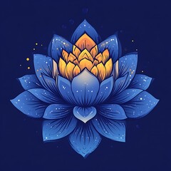 Vibrant blue lotus flower graphic design with subtle yellow accents, detailed petals and a celestial effect, evoking serenity and beauty