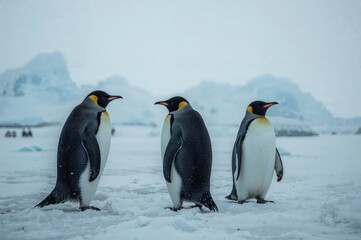 Fototapeta premium Peaceful Penguin Group in Beautiful Arctic Environment with Snowy Landscape - Wildlife Nature Animal Photography 
