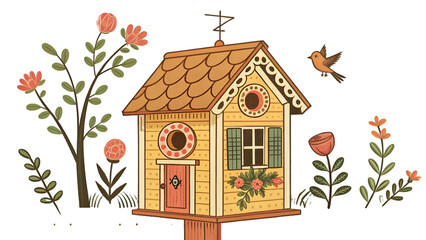 Illustration of a cute birdhouse with flowers and a bird for children's books and home decor prints isolated on transparent white background png