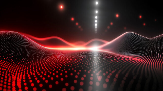 Red particle landscape with light rays in dark space