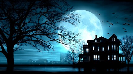 Spooky old house under a full moon