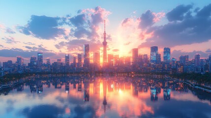 Obraz premium Breathtaking cityscape of tokyo japan at sunset with beautiful reflections in the calm water photo