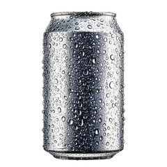Icy Beverage Can: A close-up shot captures a sleek, silver can glistening with condensation, its surface adorned with water droplets, promising refreshment. 
