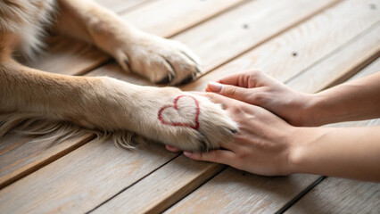 Golden Retriever paw and human hand gently touching; heart drawn on paw; rustic wooden background; heartwarming, compassionate mood; pet love; animal friendship.