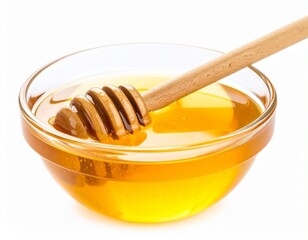 Honey dipper dripping golden honey into wooden bowl isolated on white background.
