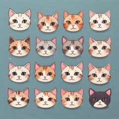 Obraz premium Sixteen cat faces with diverse coat colorspatterns arrayed on a blue background Cartoonish style with simple line details