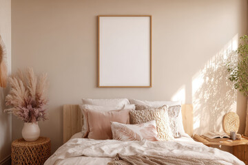 Empty painting frame mounted on the wall above a bed, no label, no text, modern boho style bedroom, warm light, muted color palette, peaceful 