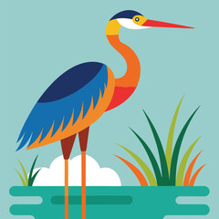 Colorful Heron Bird Illustration Standing in Marsh