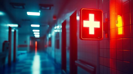 Glowing red emergency cross sign in a dimly lit hospital corridor with dramatic lighting and reflective tiled walls.