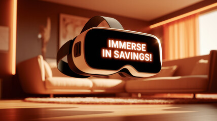 Virtual reality headset hovering in modern living room with savings message displayed