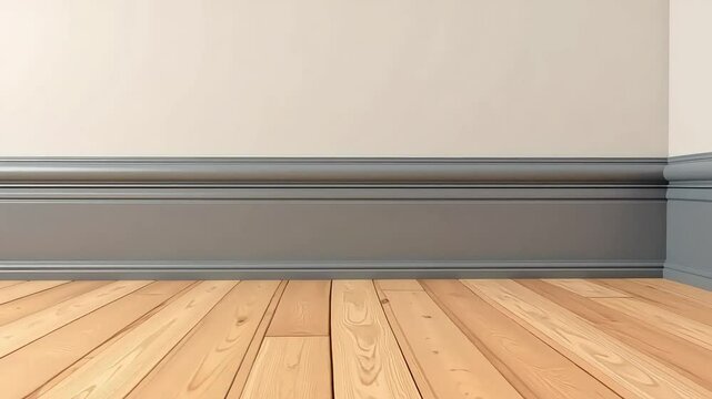Interior background displays hardwood floors and wall with gray trim for designers.