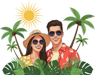 Illustration of a smiling couple wearing sunglasses among tropical palm trees. Ideal for youth tourism content. Young Couple with Summer Style Enjoying the Sun in a Tropical Destination