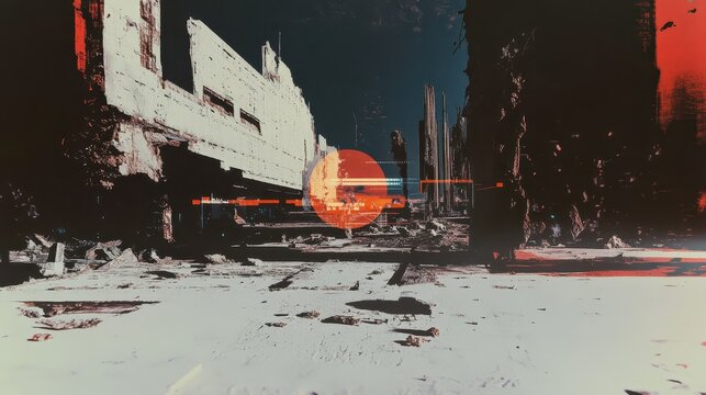 Ruined city landscape with vibrant colors and light effects.