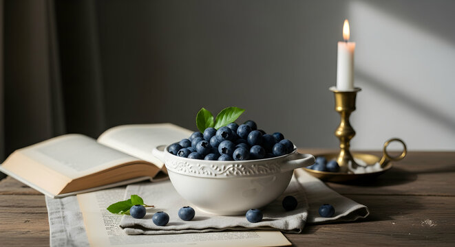 Fresh Blueberries Fill Bowl near Book and Candle, creating a Cozy Still Life Scene