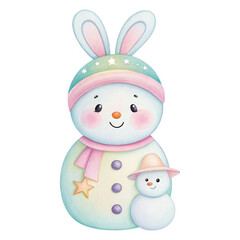 Obraz premium Cute snowman with bunny ears and small snowman wearing a hat in soft pastel colors