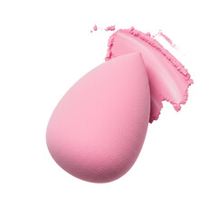Makeup teardrop beauty blender sponge with a smear or smudge of pink blush, isolated on transparent background. Visage and make-up accessories for precise application of decorative cosmetic products