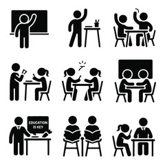 Classroom teaching icon collection in solid style showing teacher, students, and learning moments