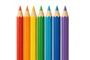 Vibrant rainbow-colored pencils standing upright on clear surface, showcasing artistic potential for graphic design